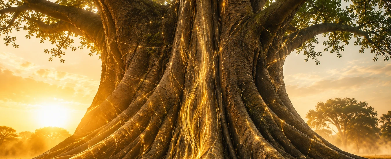 Les racines d’un arbre majestueux baignées de lumière dorée
