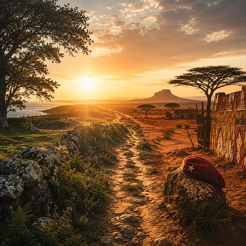 Un chemin au soleil levant, entre forêt et savane